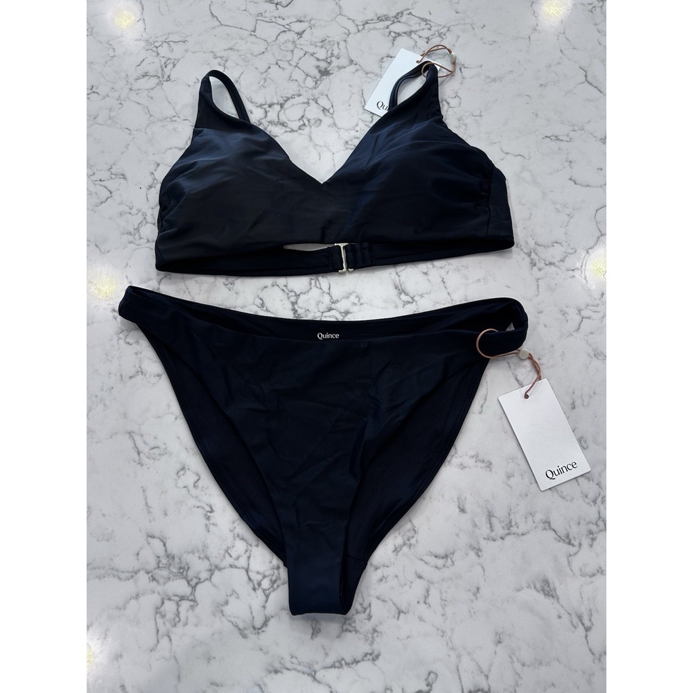 NWT Quince Black Italian V Neck Bikini Top & Low Rise Bottom Set Size Large